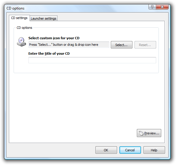 CD options dialog. You can select custom CD icon and title. Click Launcher settings (in Enterprise version), to setup autorun launcher settings.