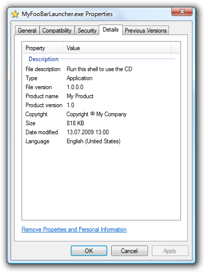 Version information in file properites of the customized autorun launcher.