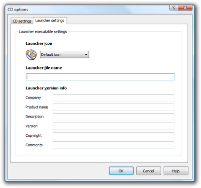 Autorun CD launcher settings setup. You can select custom icon, file name and version info for the autorun program. Click to enlarge...