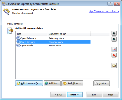 Edit autorun menu: menu items added for each document. Click to enlarge...