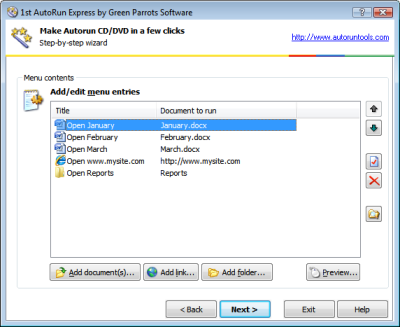 Edit autorun menu: menu with items for documents, folder and a web site. Click to enlarge...